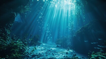 Obraz premium Sunbeams Illuminate Underwater Cave: Mystical Aquatic Scene