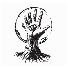 Zombie Hand Rising from the Grave with Full Moon Silhouette Background Vector Illustration