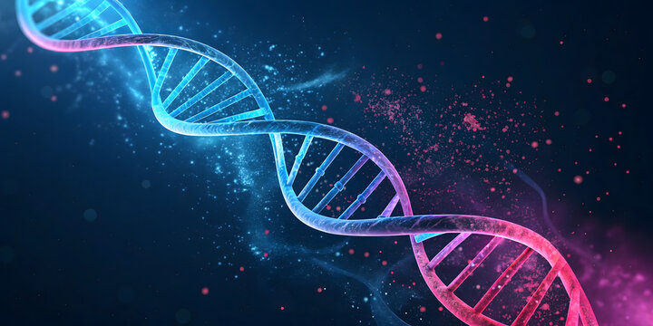A 3D illustration of a DNA helix, a bridge of molecular technology, connecting the sky of scientific research