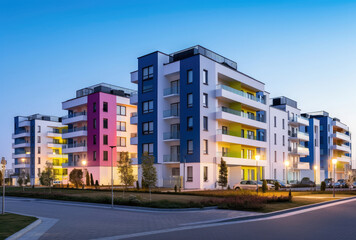 Fototapeta premium Modern Apartment Buildings at Dusk with Street Lights