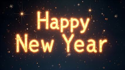 Happy New Year golden text with sparkling particles. Concept of celebration, holiday, and new beginnings.