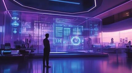 Obraz premium Futuristic office with man observing holographic displays showing data analytics and technology.