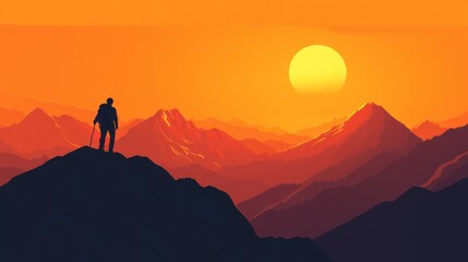 Fototapeta premium A silhouetted hiker stands on a mountain peak against a vibrant sunset backdrop.