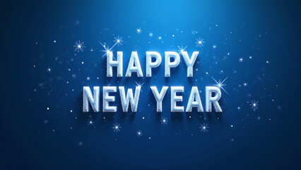 Happy New Year text on blue background with sparkling stars. Concept of celebration and new beginnings.