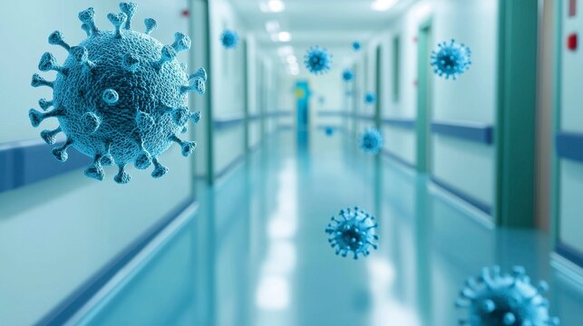 Blue Coronavirus Molecules Floating in a Hospital Corridor Depicting the Global Health Crisis and Impact of Pandemics on Healthcare Facilities