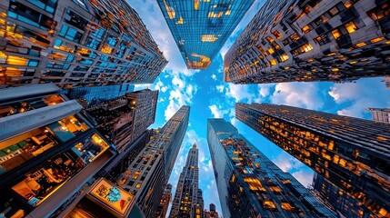Low angle view of skyscrapers reaching for a partly cloudy sky.
