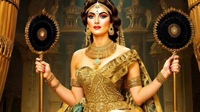 A woman is sitting on a golden throne with two mirrors in front of her. She is wearing gold jewelry and a gold dress