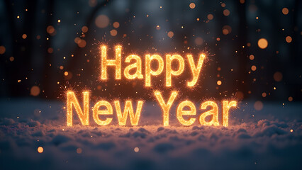 Happy New Year golden sign on snow at night. Concept of celebration and new beginnings.