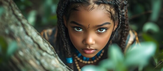 A young girl dressed as a panther, crouching on a tree branch with a fierce look, surrounded by greenery.
