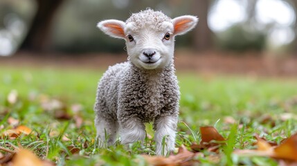 Obraz premium Adorable baby lamb standing in a field.