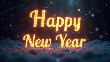 Happy New Year golden text with snow. Concept of celebration and new beginnings.