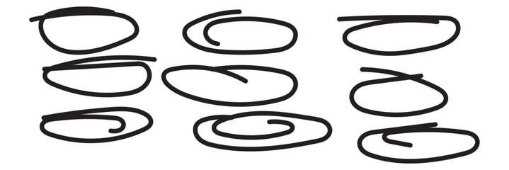 Black circle highlight, pen ovals doodle. Marker ellipses frames in sketch style. Hand drawn vector illustration isolated on white background