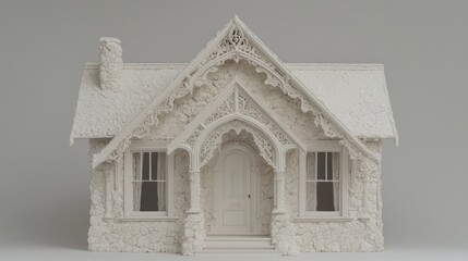 Obraz premium A monochromatic 3D render of a gothic revival cottage model featuring intricate gingerbread trim and stone walls against a plain grey background.