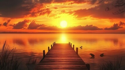 Obraz premium serene sunset over calm lake with wooden dock