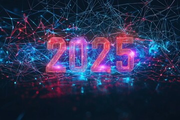 The artwork showcases the year 2025 in glowing numbers surrounded by an intricate network of colorful lights and patterns. This visual representation symbolizes innovation and progress.