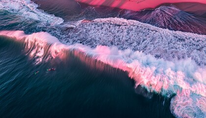 Aerial view of a wave cresting with white foam. for surfers in the black and pin background