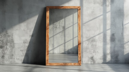Full-length mirror with wooden frame against a concrete wall.