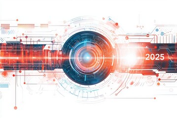 Obraz premium A vibrant visual representation illustrating advanced technology concepts, featuring data patterns and a central lens symbolizing progress. Notable elements include digital lines and the year 2025.