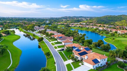 Suburban residences with solar panels installed on their roofs, promoting renewable energy use.