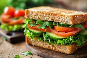A fresh sandwich filled with lettuce, tomato, and cucumber on whole grain bread.