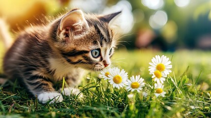 Kitten in a flower field. Selective focus.