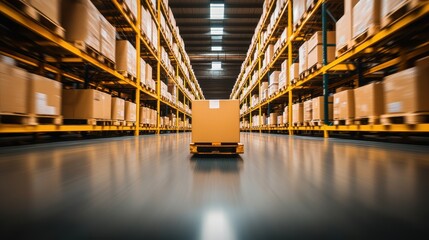 A view of a warehouse aisle filled with stacked boxes, showcasing a single pallet moving through an organized storage space.