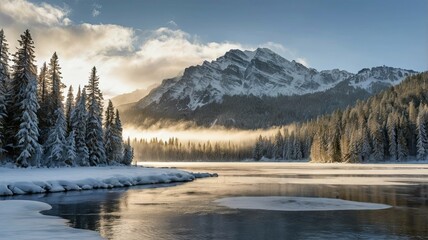 Obraz premium Winter magic: snowy landscapes, mountains, forests, frozen lakes, and cozy cabins — a fairytale of nature in every moment