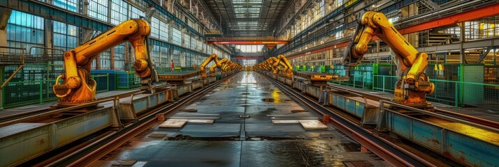 Fototapeta premium Industrial Robotic Arms in Automated Factory Setting