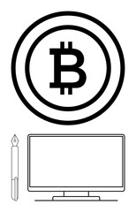 Bitcoin logo at top, computer monitor and pen at bottom. Ideal for fintech, cryptocurrency, blockchain, digital transactions, tech startups, financial services investment. Line metaphor