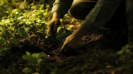 Naklejka premium A person kneeling and carefully planting a tree in a garden bed, with the tree's root ball being positioned in the hole, surrounded by green foliage 