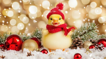 Adorable yellow duckling in winter attire against sparkling holiday background