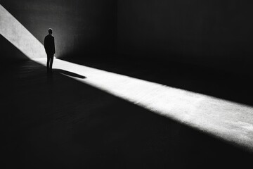 Silhouette stands alone, illuminated by light beam.