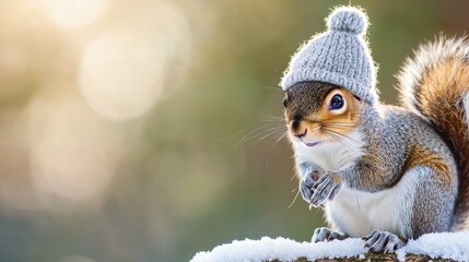 Obraz premium Cute squirrel in a cozy knitted hat sitting on a snowy branch in winter scenery