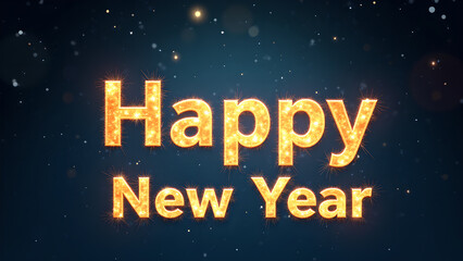 Happy New Year golden text with sparkling particles. Concept of celebration, holiday, and new beginnings.