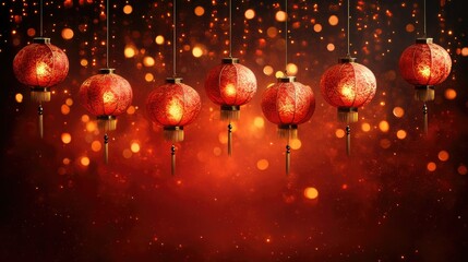 Glowing red Chinese lanterns hanging against a bokeh background.