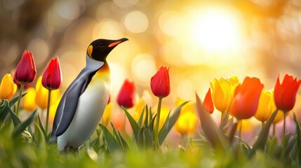 Naklejka premium Elegant Penguin Standing Among Colorful Tulips in a Vibrant Spring Landscape