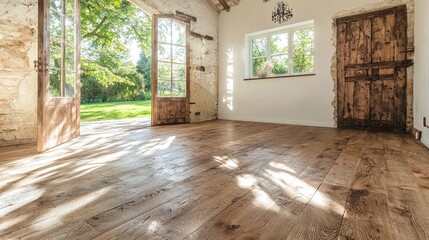 Sunlit rustic room with wooden floor, open French doors, stone wall, and garden view.