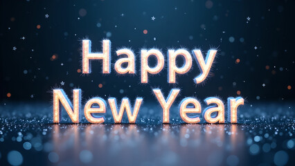 Happy New Year Celebration with Glittering Text and Bokeh Background. Concept of New Year's Eve.