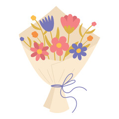 Hand Drawn Flower Bouquet Wrapped in Paper on White Background