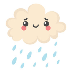 Hand Drawn Cute Cloud with Raindrops on White Background
