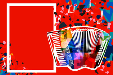 Musical notes on colorful backdrop. Colorful accordion design poster