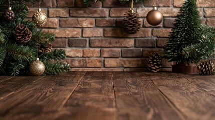 Rustic wooden table with Christmas decorations against brick wall.