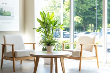Fototapeta premium A bright, modern waiting area with chairs and a potted plant.