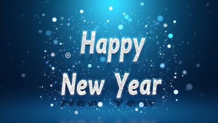 Happy New Year text on blue background with bokeh. Concept of celebration and new beginnings.