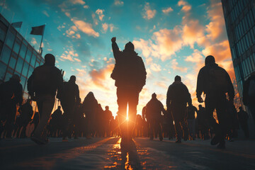 Protesters march at sunset, raising fists in solidarity for social change and justice in an urban setting. Generative AI
