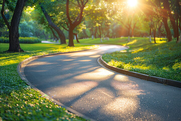 Obraz premium Serene winding path through a lush green park during golden hour with sunlight filtering through trees. Generative AI