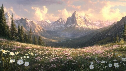 Fototapeta premium serene mountain meadow landscape at sunset