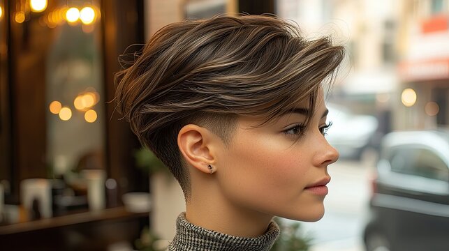 Young woman sporting trendy pixie cut hairstyle with undercut