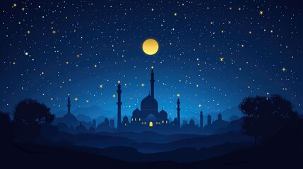 Night scene of mosque under starry sky and full moon.