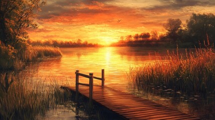 Fototapeta premium serene sunset over calm lake with wooden dock